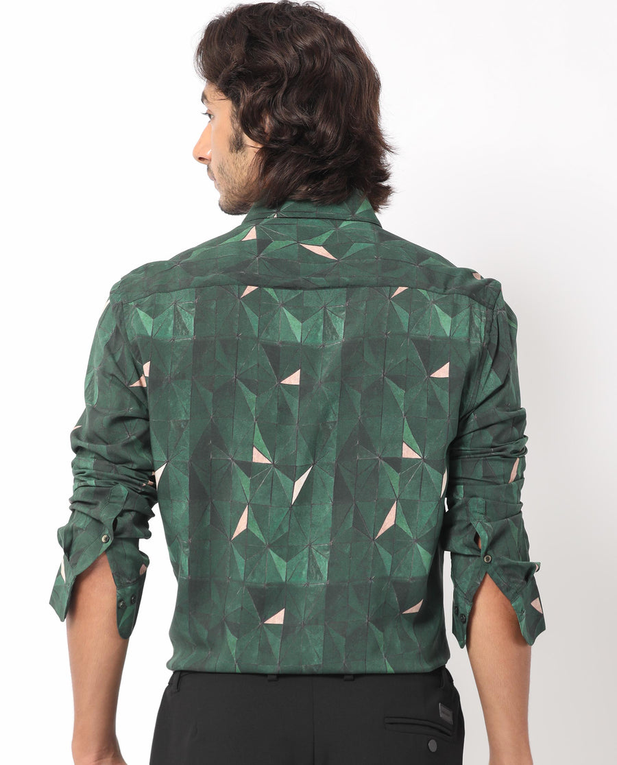 Rare Rabbit Men's Mose Green Viscose Geometric Print Regular Fit Full Sleeve Collared Shirt