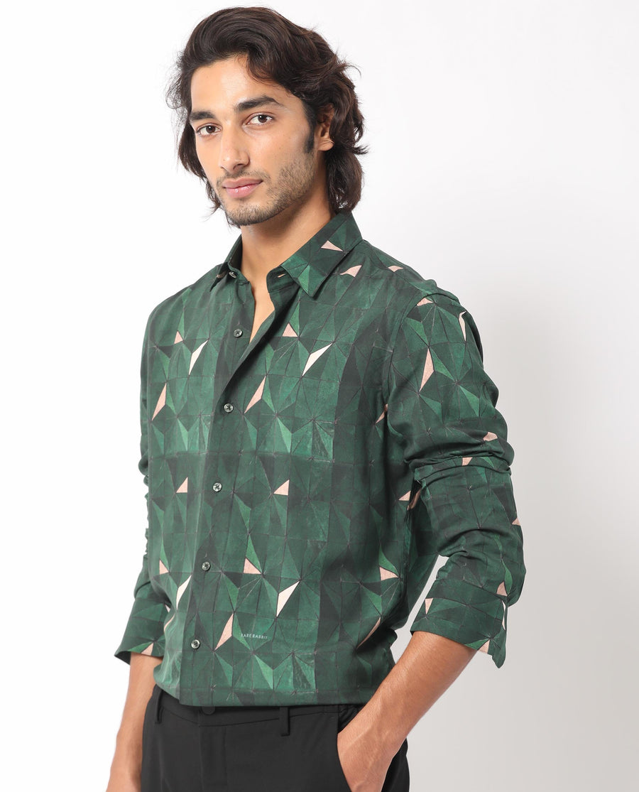 Rare Rabbit Men's Mose Green Viscose Geometric Print Regular Fit Full Sleeve Collared Shirt