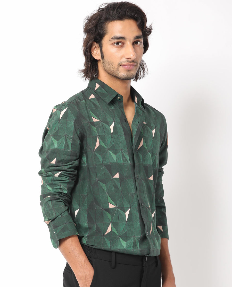 Rare Rabbit Men's Mose Green Viscose Geometric Print Regular Fit Full Sleeve Collared Shirt
