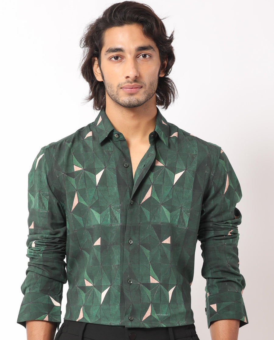 Rare Rabbit Men's Mose Green Viscose Geometric Print Regular Fit Full Sleeve Collared Shirt
