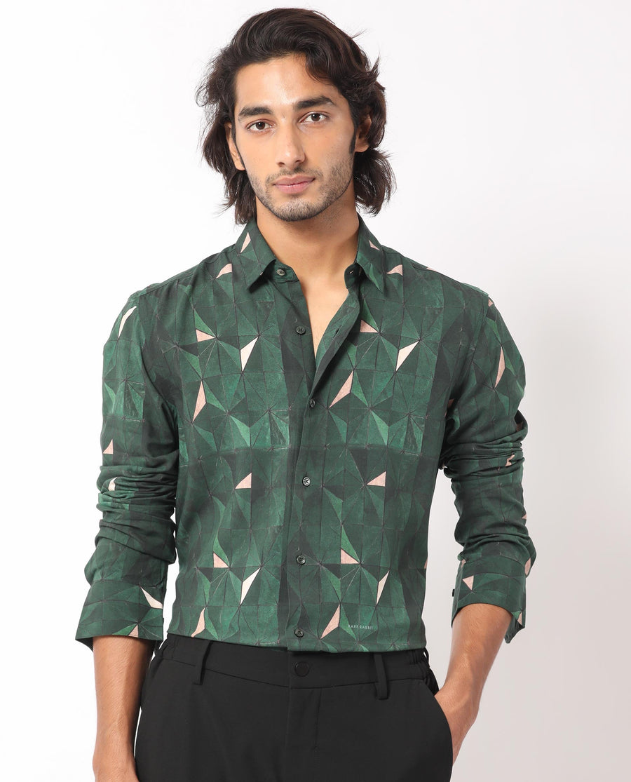 Rare Rabbit Men's Mose Green Viscose Geometric Print Regular Fit Full Sleeve Collared Shirt