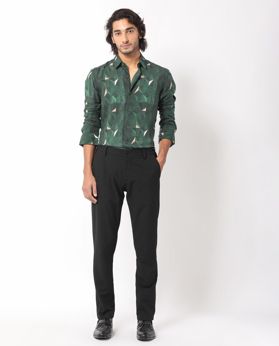 Rare Rabbit Men's Mose Green Viscose Geometric Print Regular Fit Full Sleeve Collared Shirt