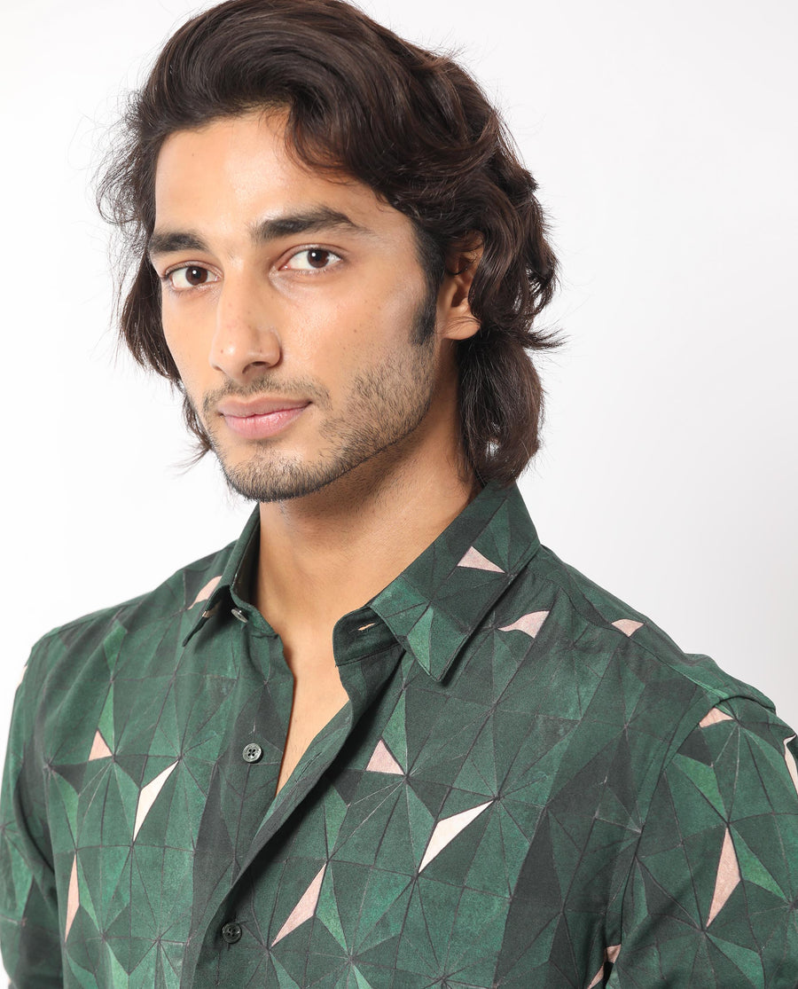 Rare Rabbit Men's Mose Green Viscose Geometric Print Regular Fit Full Sleeve Collared Shirt