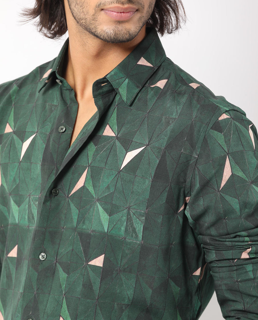 Rare Rabbit Men's Mose Green Viscose Geometric Print Regular Fit Full Sleeve Collared Shirt