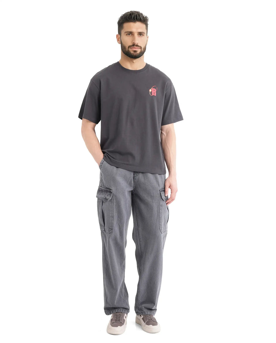 Rare Rabbit Men's Mosh Dark Grey Cotton Graphic Print Oversized Fit Half Sleeve Crew Neck T-Shirt