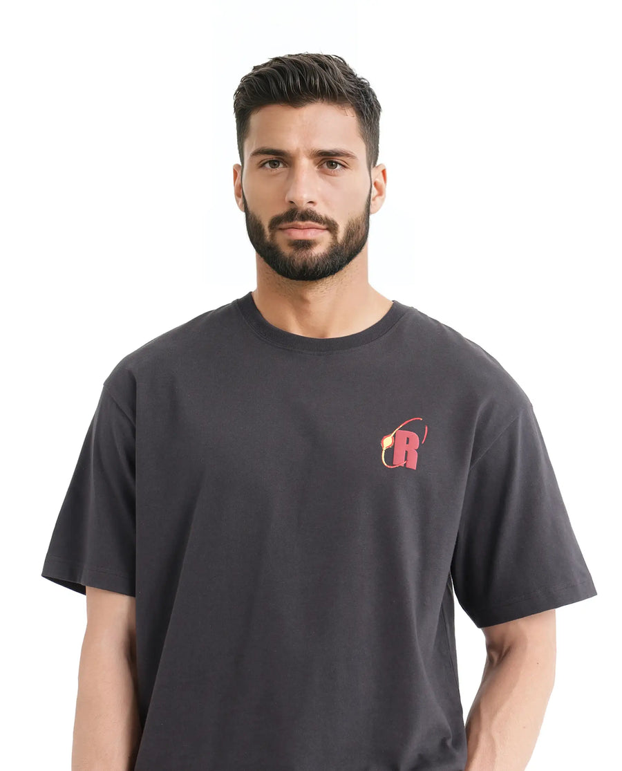 Rare Rabbit Men's Mosh Dark Grey Cotton Graphic Print Oversized Fit Half Sleeve Crew Neck T-Shirt