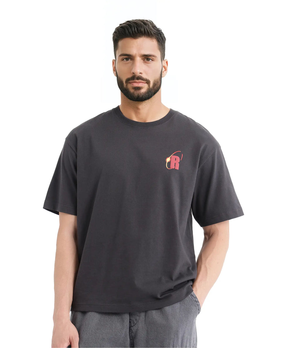 Rare Rabbit Men's Mosh Dark Grey Cotton Graphic Print Oversized Fit Half Sleeve Crew Neck T-Shirt