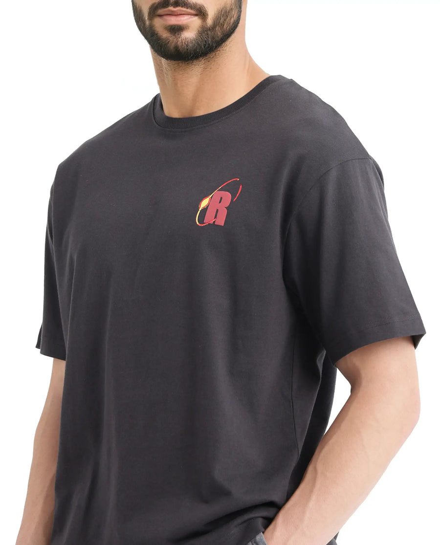 Rare Rabbit Men's Mosh Dark Grey Cotton Graphic Print Oversized Fit Half Sleeve Crew Neck T-Shirt
