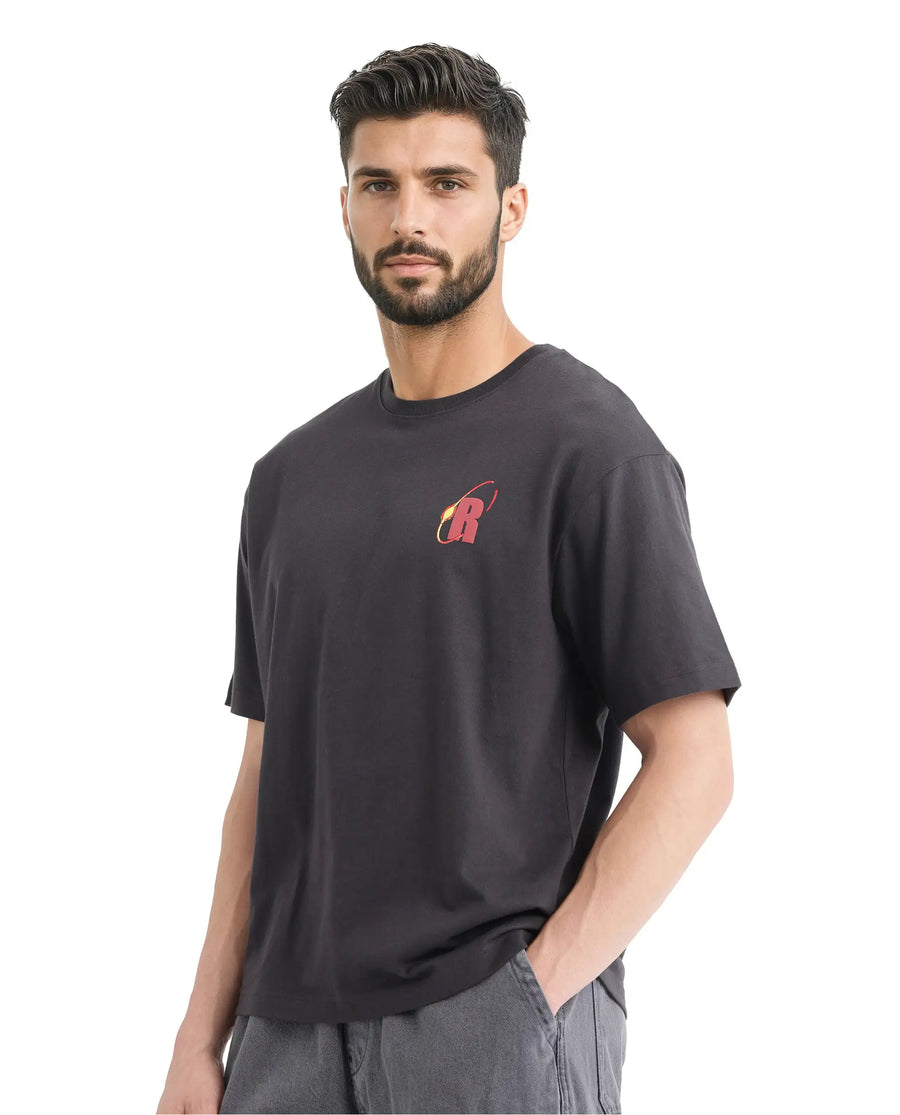 Rare Rabbit Men's Mosh Dark Grey Cotton Graphic Print Oversized Fit Half Sleeve Crew Neck T-Shirt