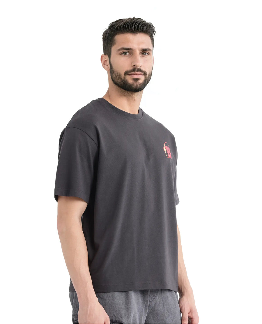 Rare Rabbit Men's Mosh Dark Grey Cotton Graphic Print Oversized Fit Half Sleeve Crew Neck T-Shirt