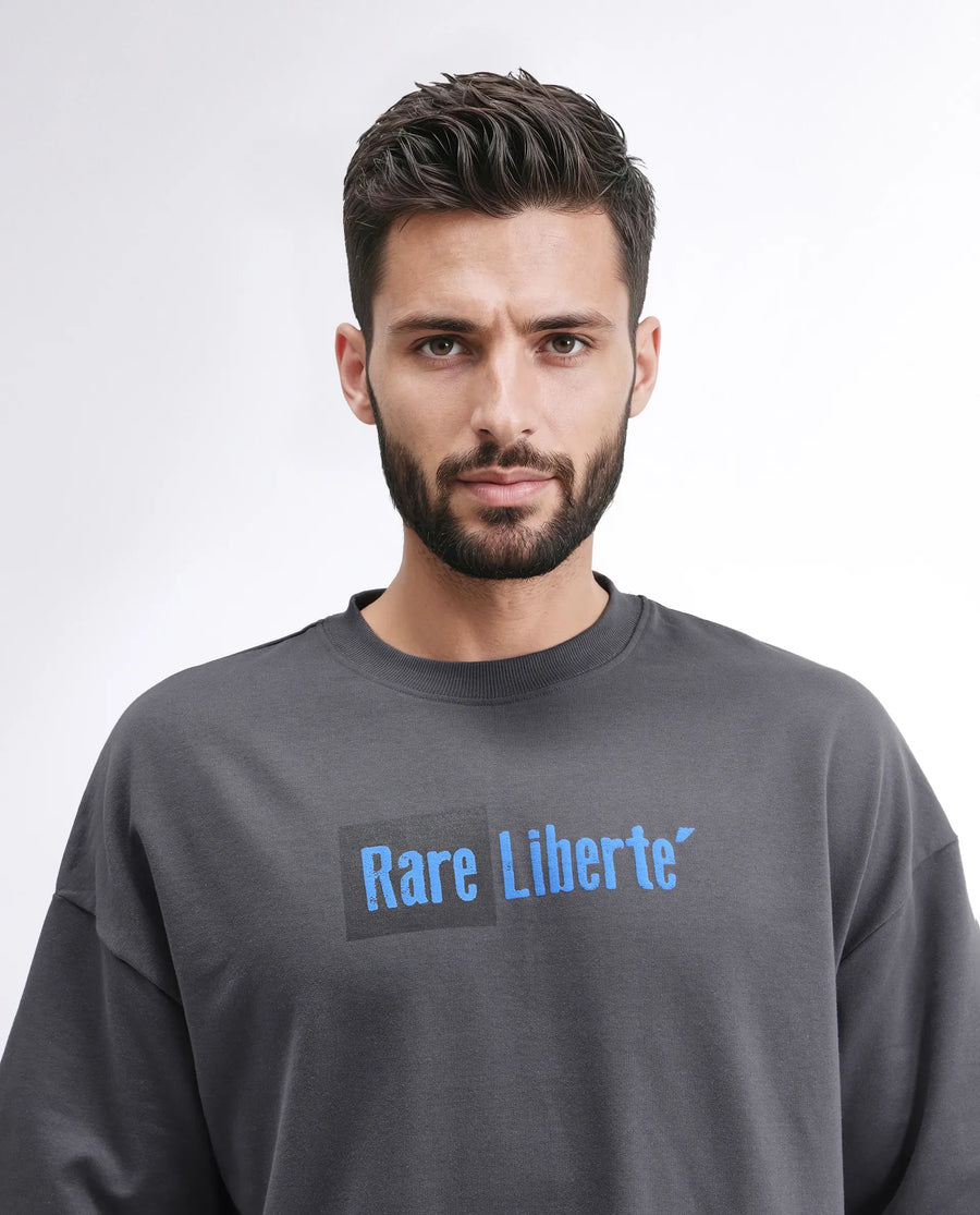 Rare Rabbit Men's Moshe Grey Cotton Graphic Print Oversized Fit Half Sleeve Crew Neck T-Shirt