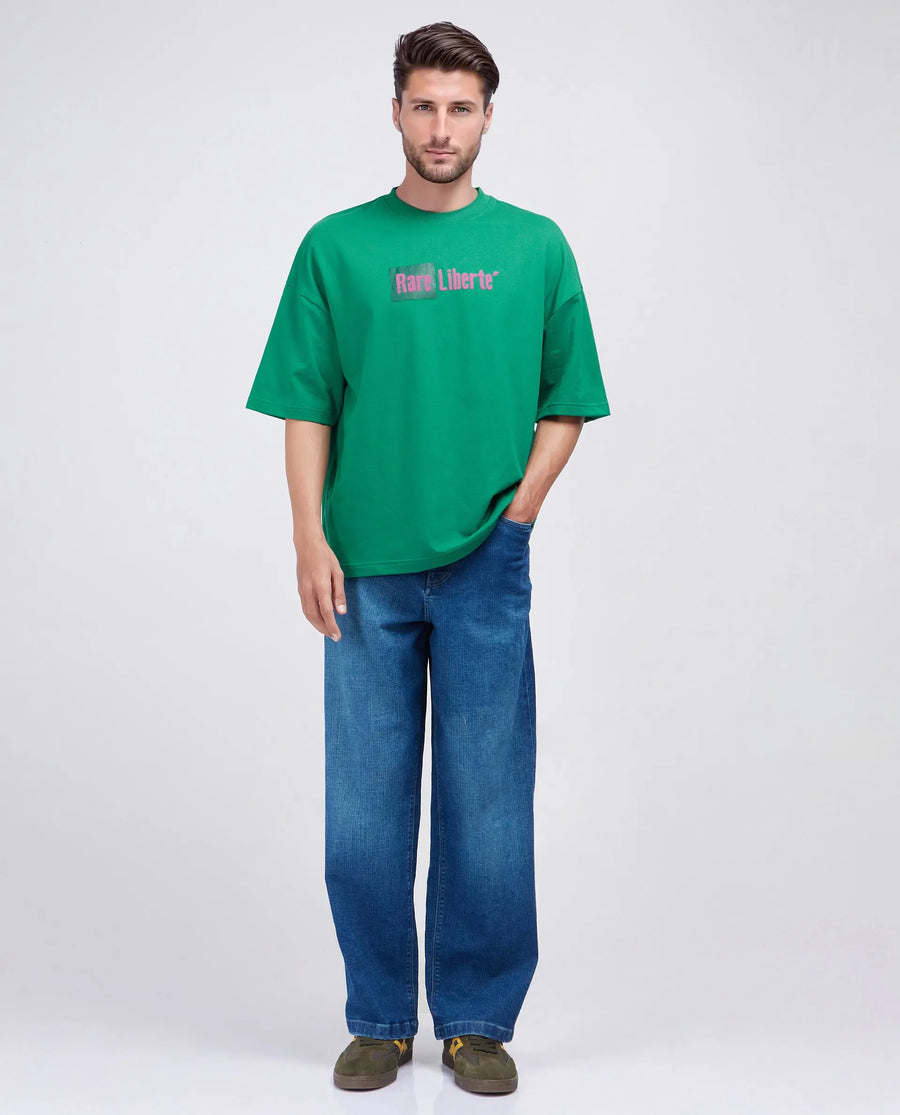 Rare Rabbit Men's Moshe Green Cotton Graphic Print Oversized Fit Half Sleeve Crew Neck T-Shirt