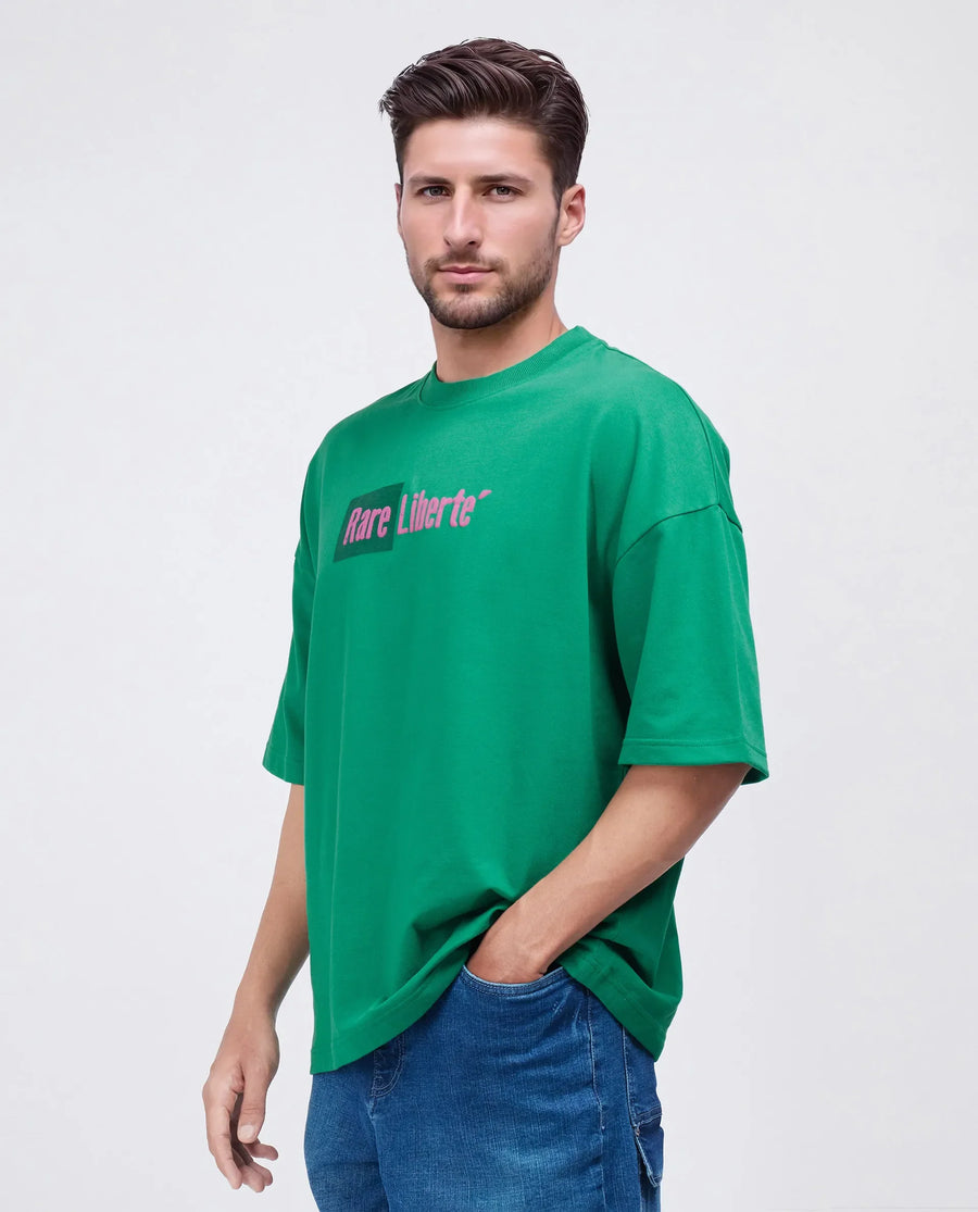 Rare Rabbit Men's Moshe Green Cotton Graphic Print Oversized Fit Half Sleeve Crew Neck T-Shirt