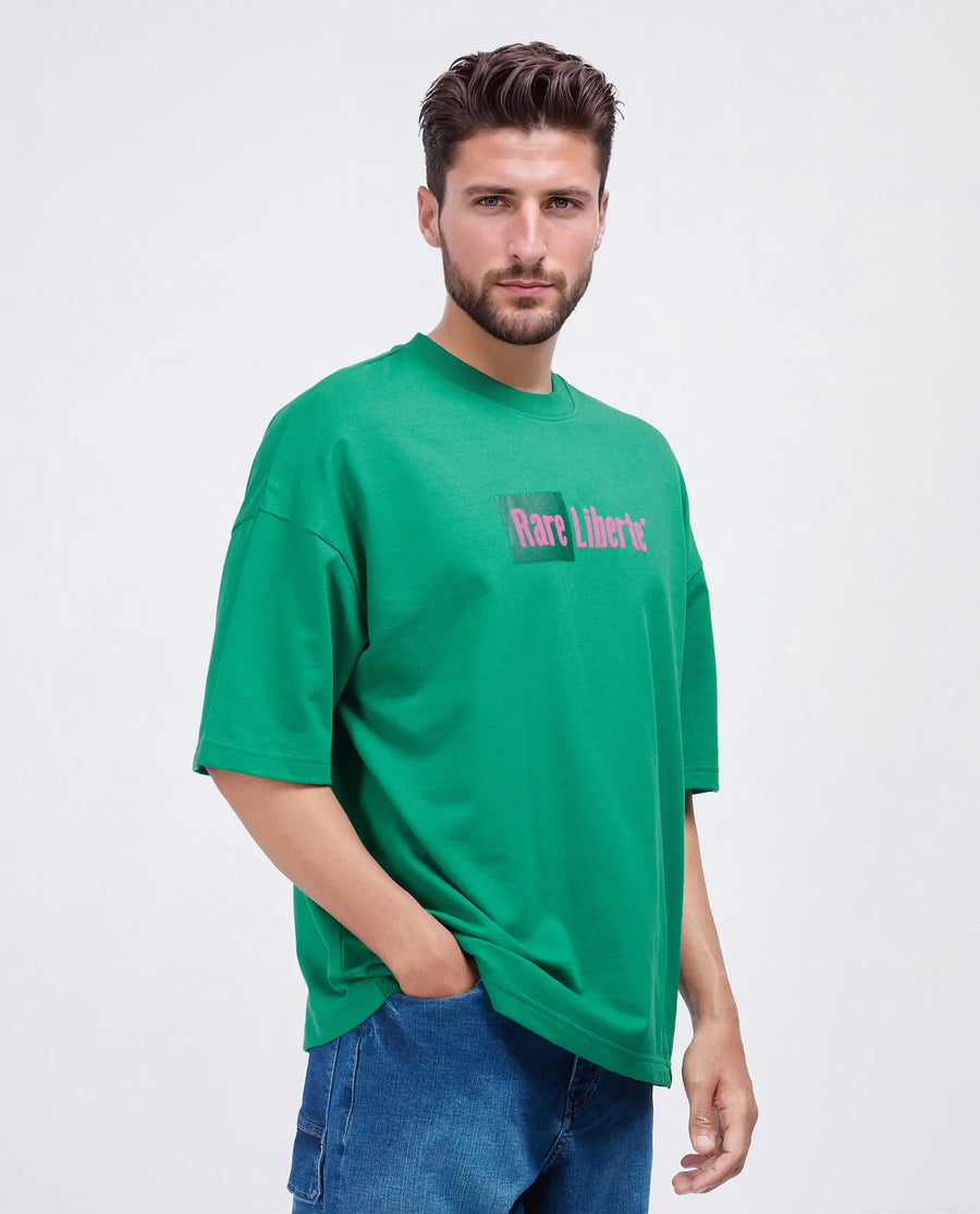 Rare Rabbit Men's Moshe Green Cotton Graphic Print Oversized Fit Half Sleeve Crew Neck T-Shirt