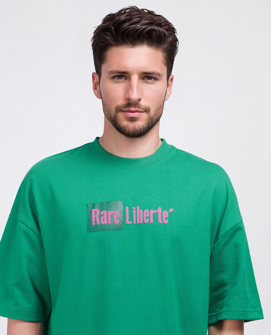 Rare Rabbit Men's Moshe Green Cotton Graphic Print Oversized Fit Half Sleeve Crew Neck T-Shirt