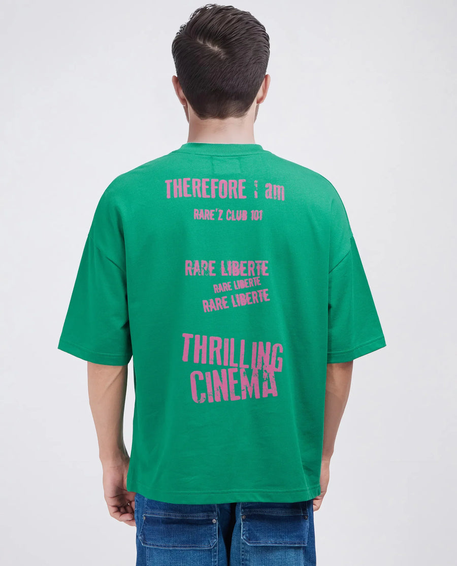 Rare Rabbit Men's Moshe Green Cotton Graphic Print Oversized Fit Half Sleeve Crew Neck T-Shirt