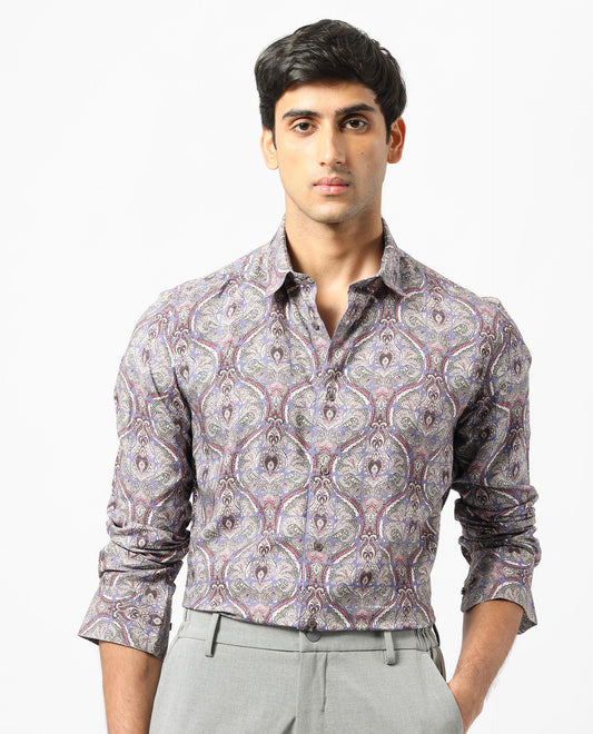 Rare Rabbit Men's Mosaic Purple Viscose Paisley Print Regular Fit Full Sleeve Collared Shirt