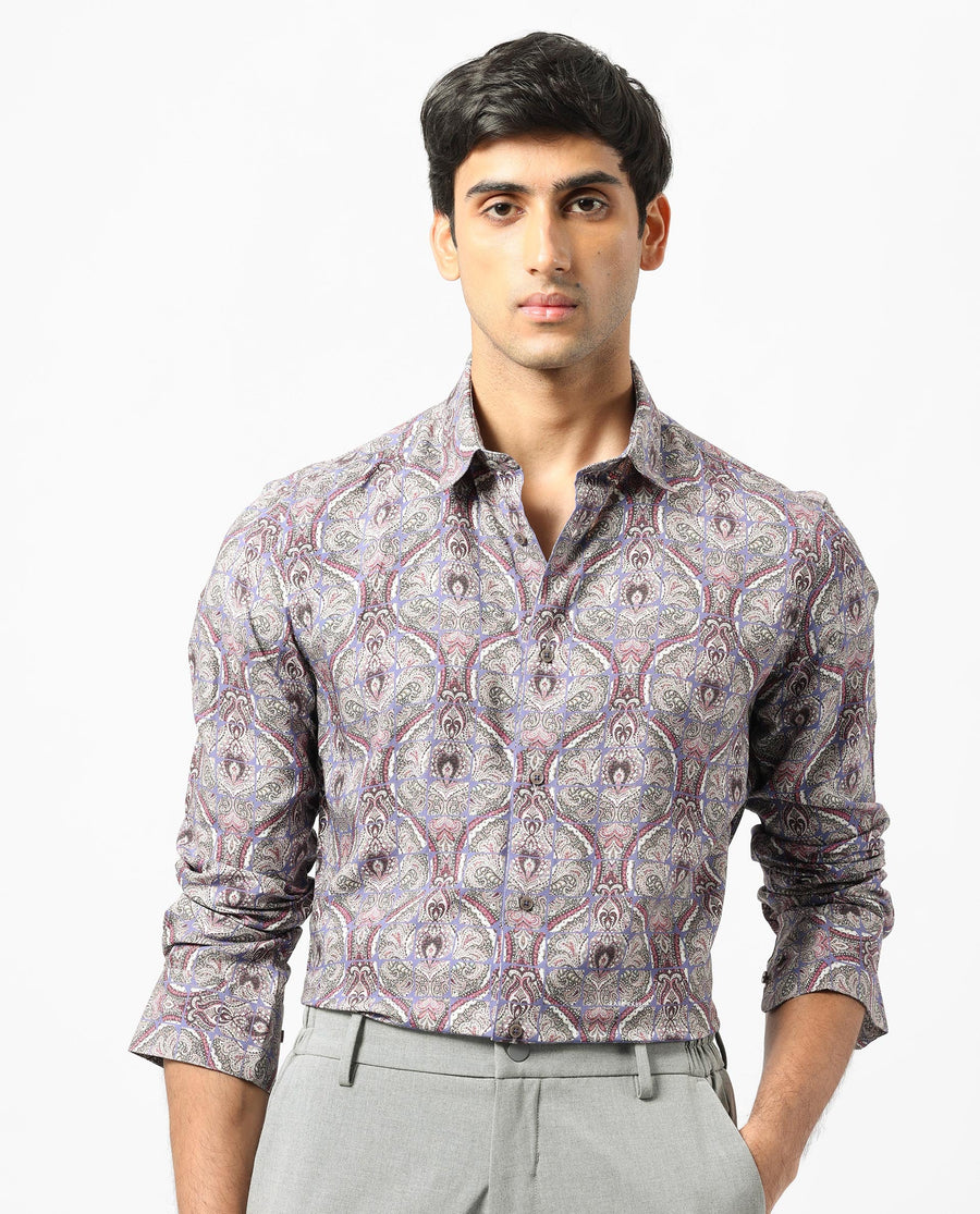 Rare Rabbit Men's Mosaic Purple Viscose Paisley Print Regular Fit Full Sleeve Collared Shirt