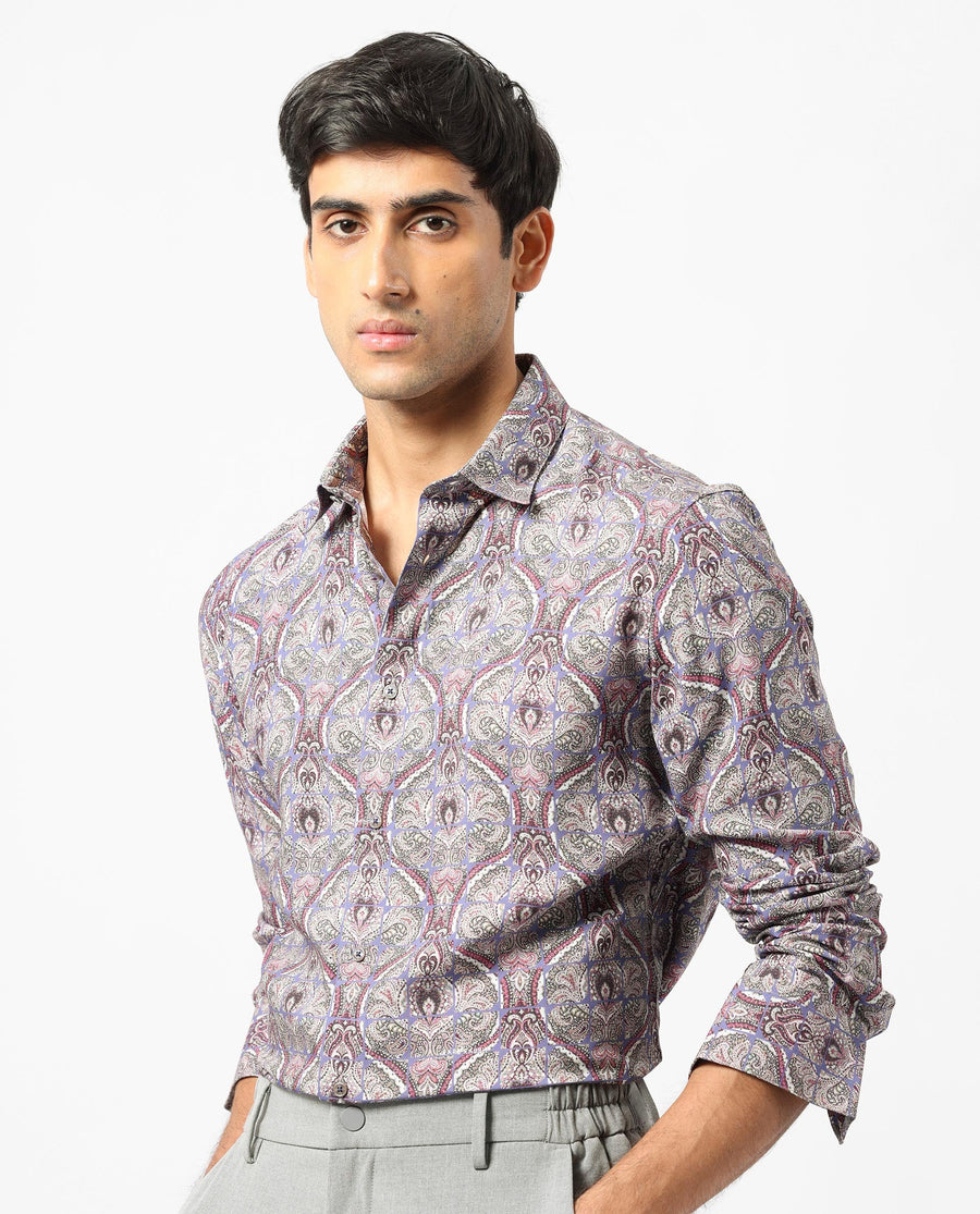 Rare Rabbit Men's Mosaic Purple Viscose Paisley Print Regular Fit Full Sleeve Collared Shirt
