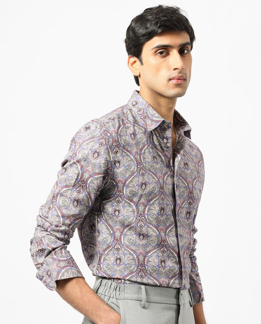 Rare Rabbit Men's Mosaic Purple Viscose Paisley Print Regular Fit Full Sleeve Collared Shirt