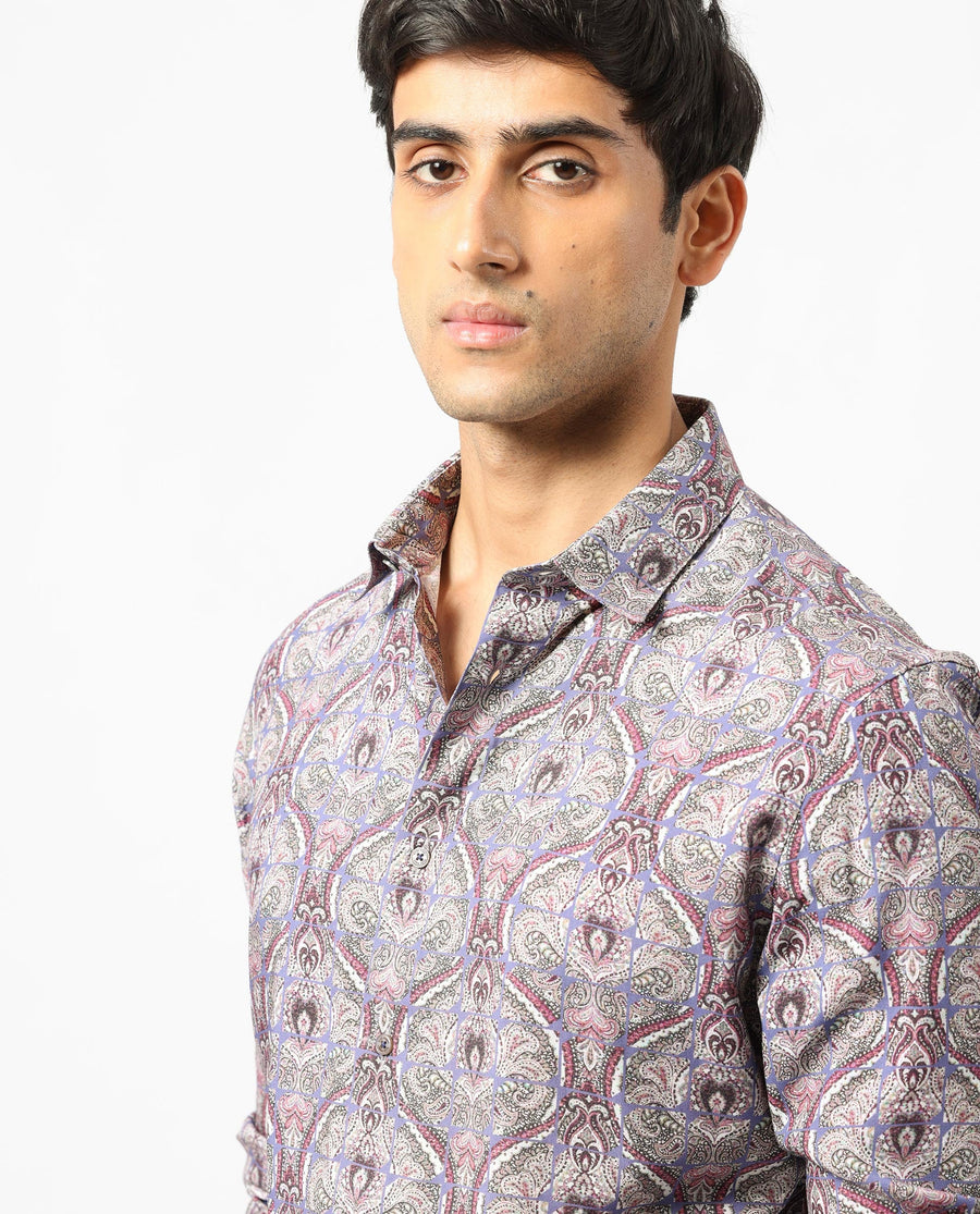 Rare Rabbit Men's Mosaic Purple Viscose Paisley Print Regular Fit Full Sleeve Collared Shirt