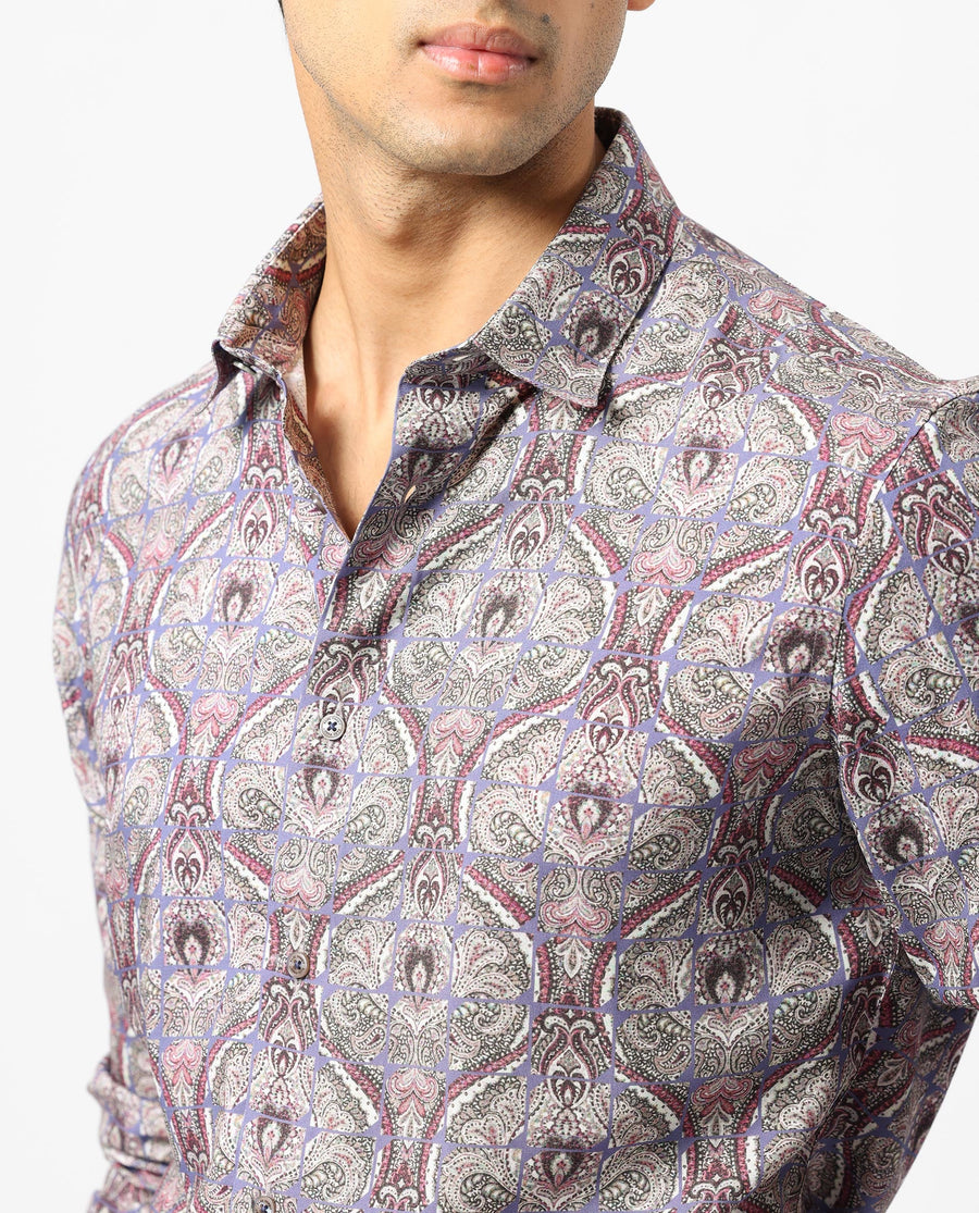 Rare Rabbit Men's Mosaic Purple Viscose Paisley Print Regular Fit Full Sleeve Collared Shirt