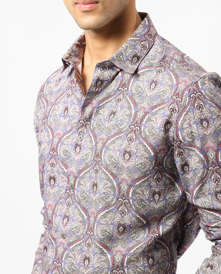 Rare Rabbit Men's Mosaic Purple Viscose Paisley Print Regular Fit Full Sleeve Collared Shirt