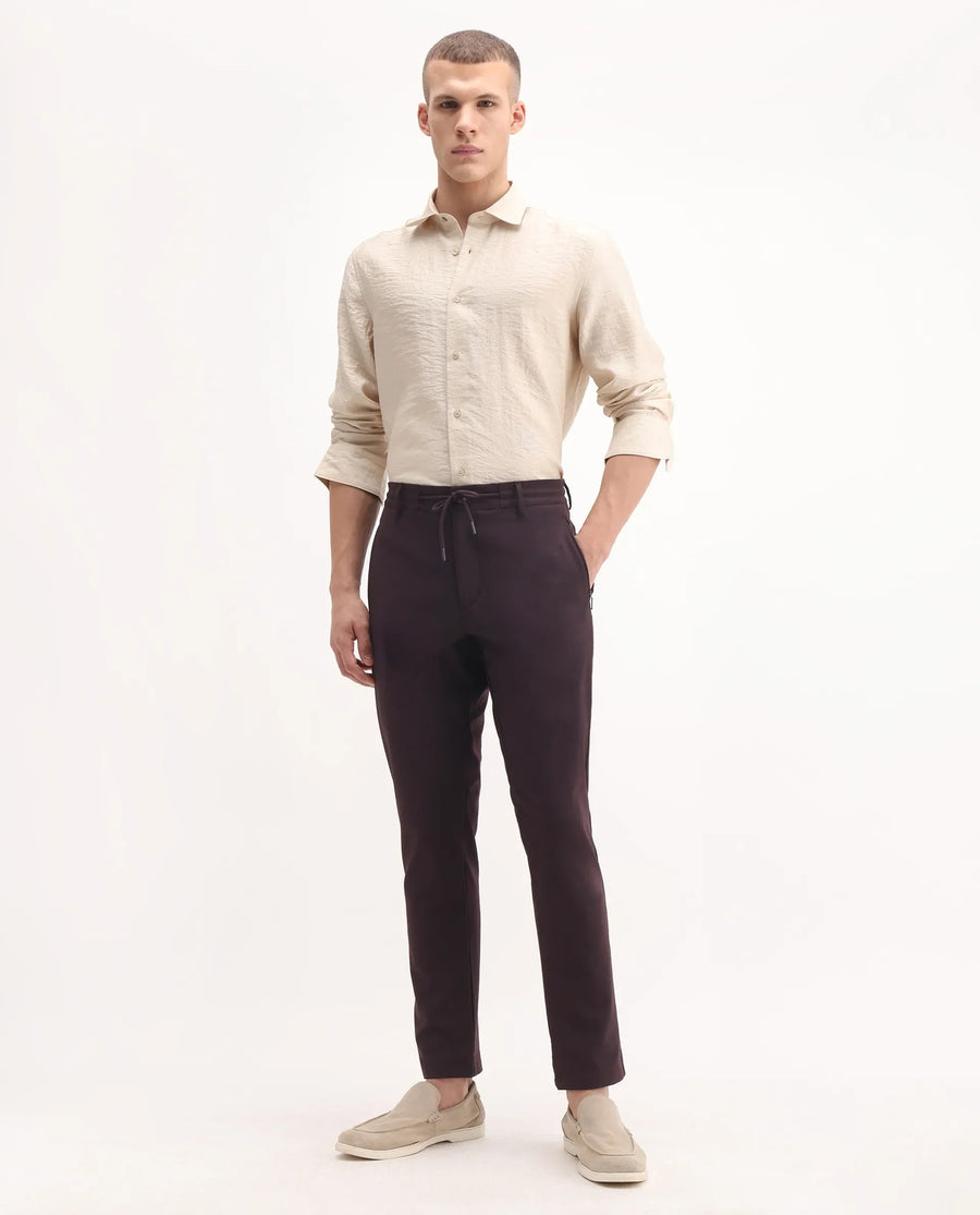 Rare Rabbit Men's Move-25 Maroon Polyester Blend Plain Regular Fit Trouser