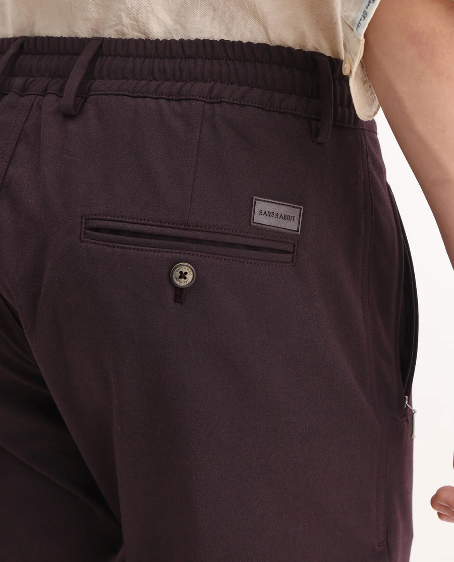 Rare Rabbit Men's Move-25 Maroon Polyester Blend Plain Regular Fit Trouser