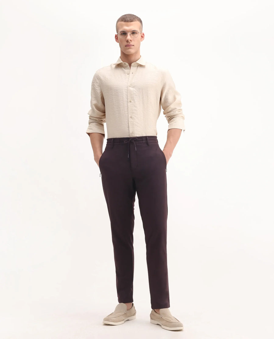 Rare Rabbit Men's Move-25 Maroon Polyester Blend Plain Regular Fit Trouser