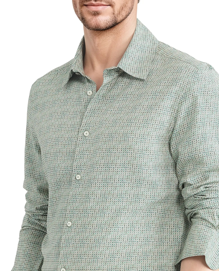 Rare Rabbit Men's Msey Green Viscose Geometric Print Relaxed Fit Full Sleeve Collared Shirt