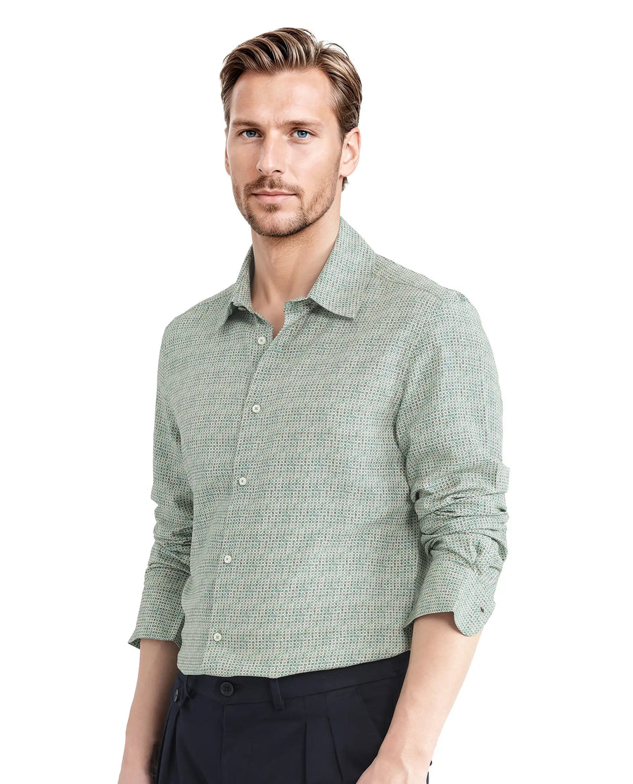 Rare Rabbit Men's Msey Green Viscose Geometric Print Relaxed Fit Full Sleeve Collared Shirt