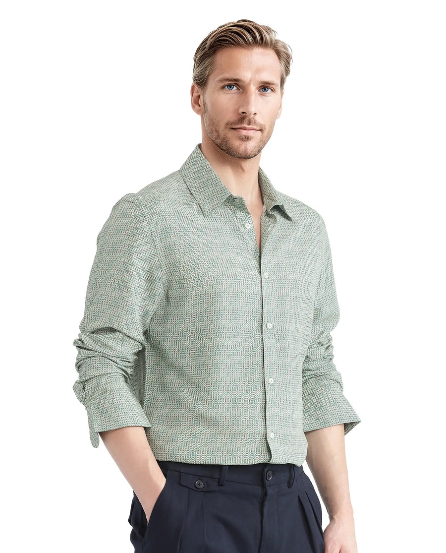 Rare Rabbit Men's Msey Green Viscose Geometric Print Relaxed Fit Full Sleeve Collared Shirt