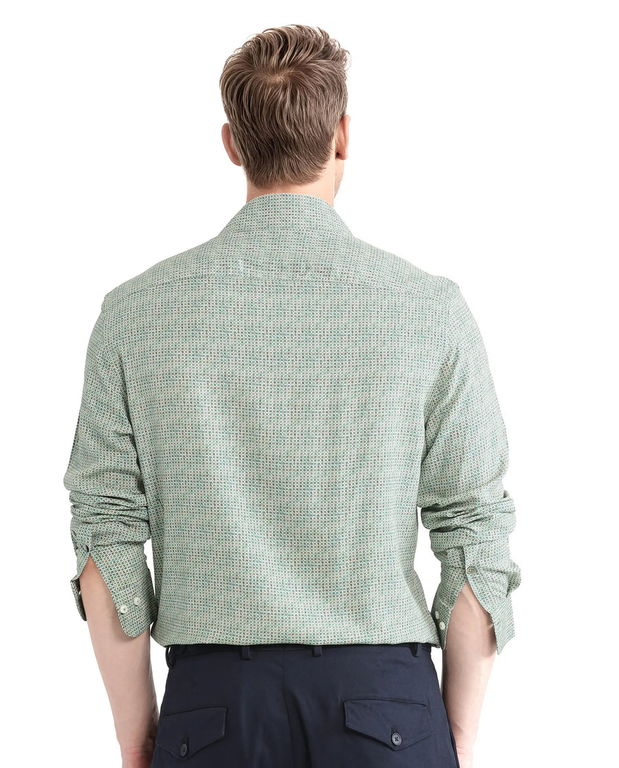 Rare Rabbit Men's Msey Green Viscose Geometric Print Relaxed Fit Full Sleeve Collared Shirt
