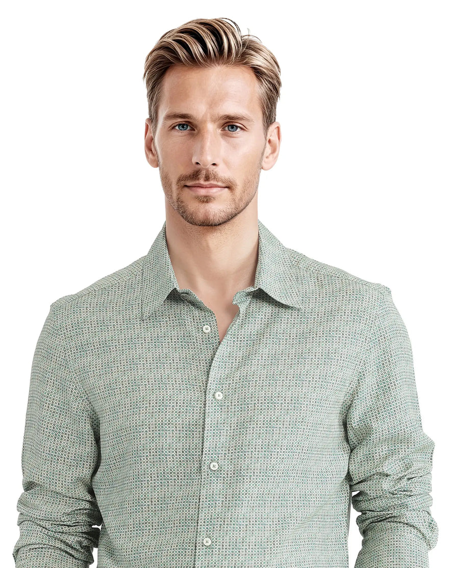 Rare Rabbit Men's Msey Green Viscose Geometric Print Relaxed Fit Full Sleeve Collared Shirt