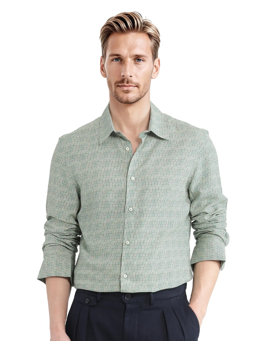 Rare Rabbit Men's Msey Green Viscose Geometric Print Relaxed Fit Full Sleeve Collared Shirt
