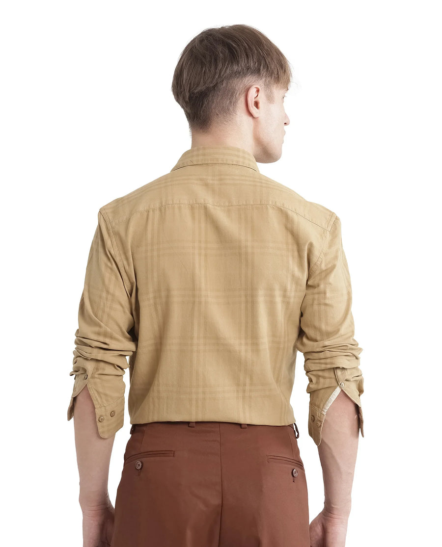 Rare Rabbit Men's Mucia Beige Cotton Checked Print Regular Fit Full Sleeve Collared Shirt