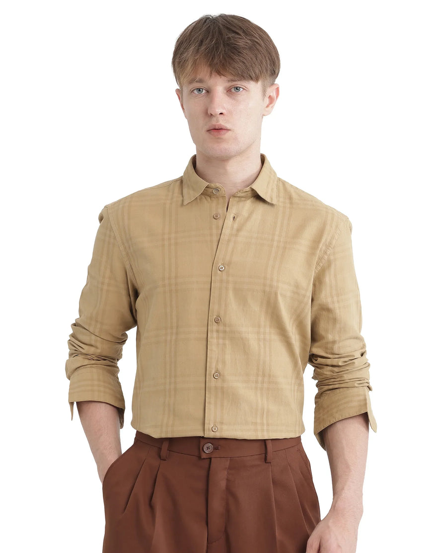 Rare Rabbit Men's Mucia Beige Cotton Checked Print Regular Fit Full Sleeve Collared Shirt