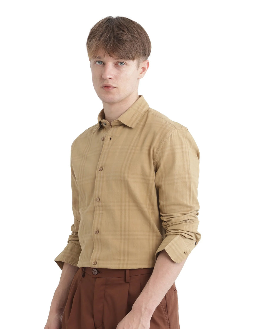 Rare Rabbit Men's Mucia Beige Cotton Checked Print Regular Fit Full Sleeve Collared Shirt