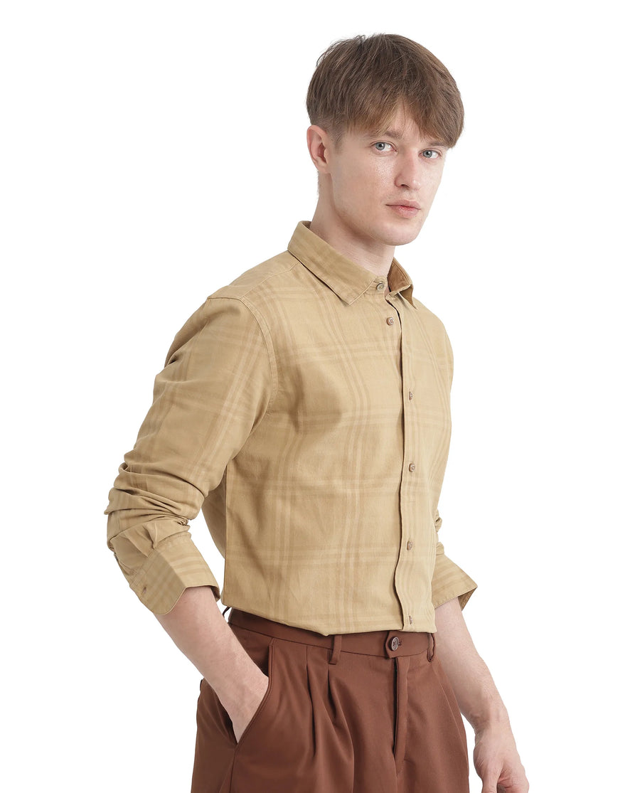 Rare Rabbit Men's Mucia Beige Cotton Checked Print Regular Fit Full Sleeve Collared Shirt