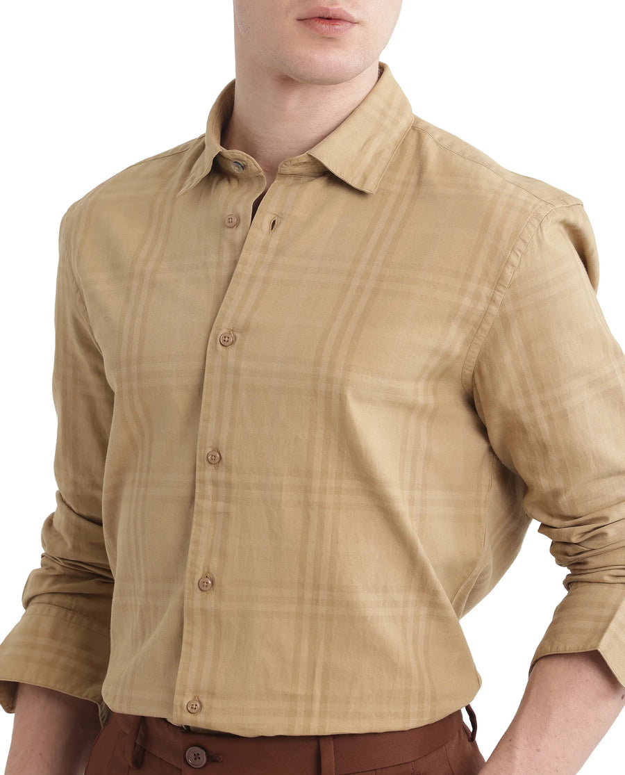 Rare Rabbit Men's Mucia Beige Cotton Checked Print Regular Fit Full Sleeve Collared Shirt