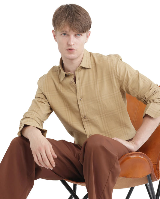 Rare Rabbit Men's Mucia Beige Cotton Checked Print Regular Fit Full Sleeve Collared Shirt