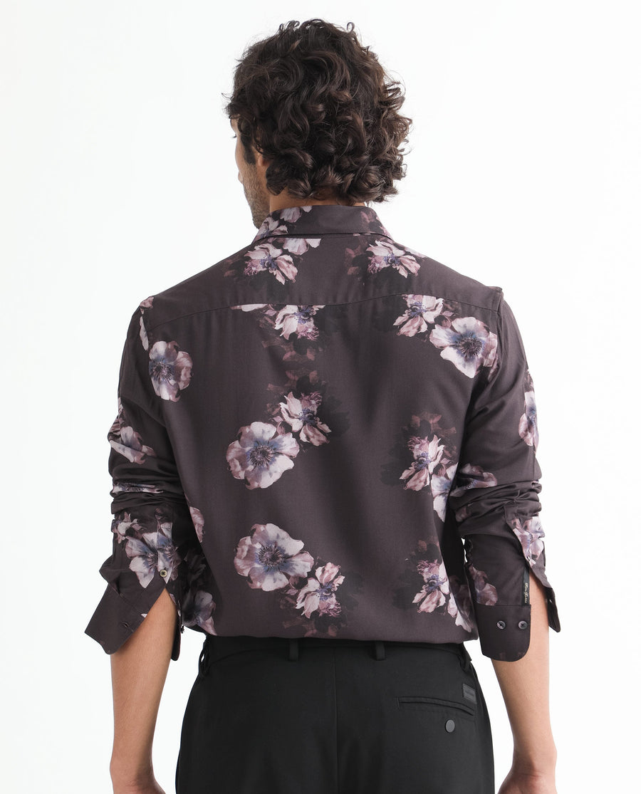 Rare Rabbit Men's Muds Brown Viscose Floral Print Regular Fit Full Sleeve Spread Collar Shirt