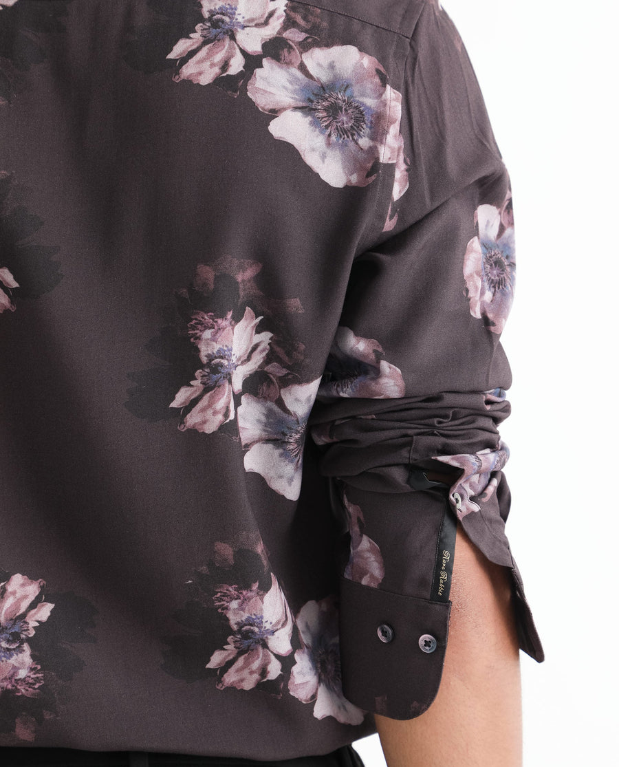 Rare Rabbit Men's Muds Brown Viscose Floral Print Regular Fit Full Sleeve Spread Collar Shirt