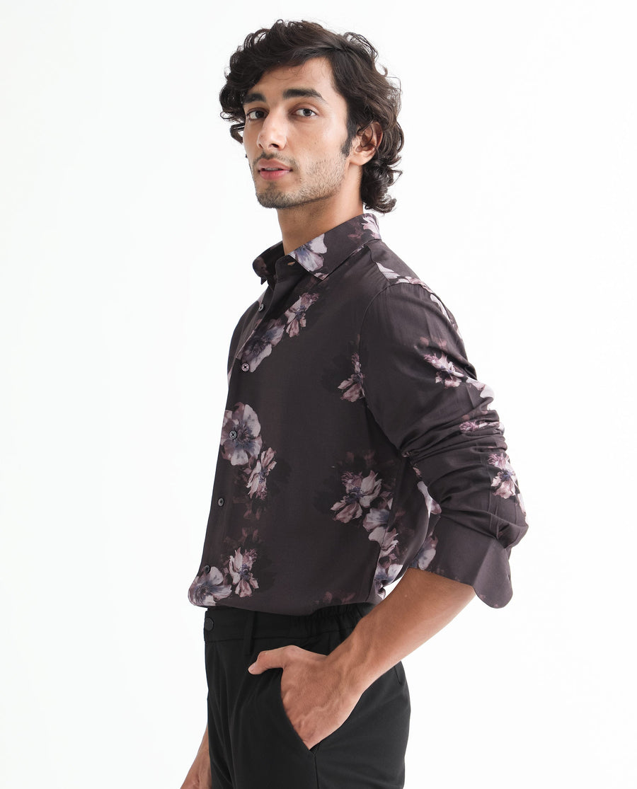 Rare Rabbit Men's Muds Brown Viscose Floral Print Regular Fit Full Sleeve Spread Collar Shirt