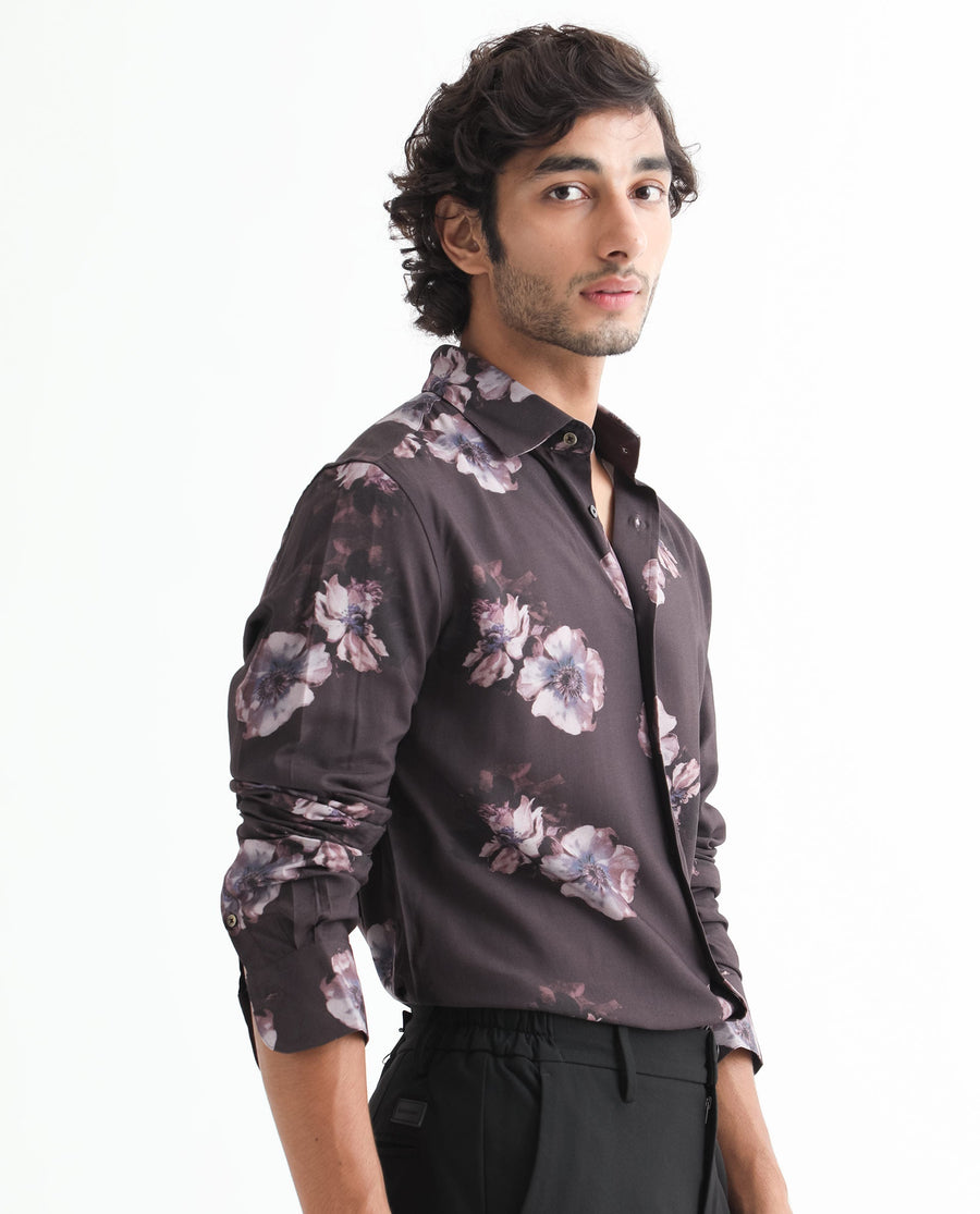 Rare Rabbit Men's Muds Brown Viscose Floral Print Regular Fit Full Sleeve Spread Collar Shirt