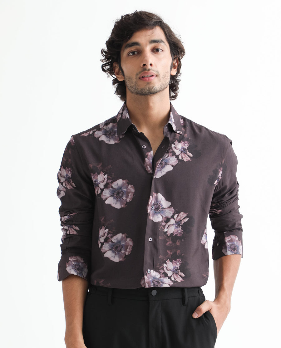 Rare Rabbit Men's Muds Brown Viscose Floral Print Regular Fit Full Sleeve Spread Collar Shirt