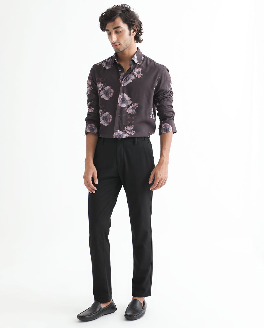 Rare Rabbit Men's Muds Brown Viscose Floral Print Regular Fit Full Sleeve Spread Collar Shirt