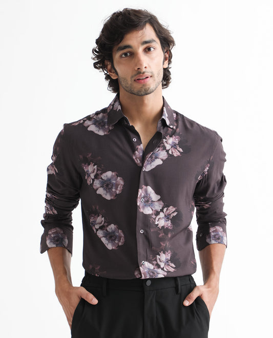 Rare Rabbit Men's Muds Brown Viscose Floral Print Regular Fit Full Sleeve Spread Collar Shirt