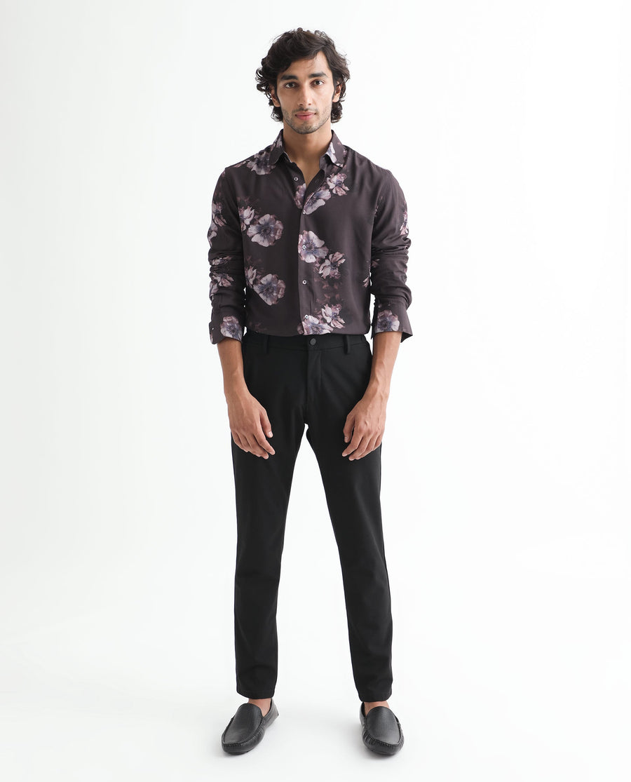 Rare Rabbit Men's Muds Brown Viscose Floral Print Regular Fit Full Sleeve Spread Collar Shirt